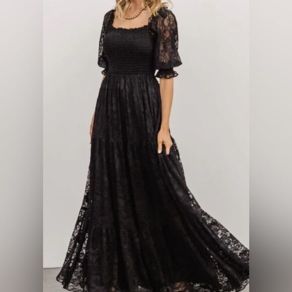 Baltic Born Black Lace Smocked Tiered Maxi Dress, size M/L - Picture 14 of 14
